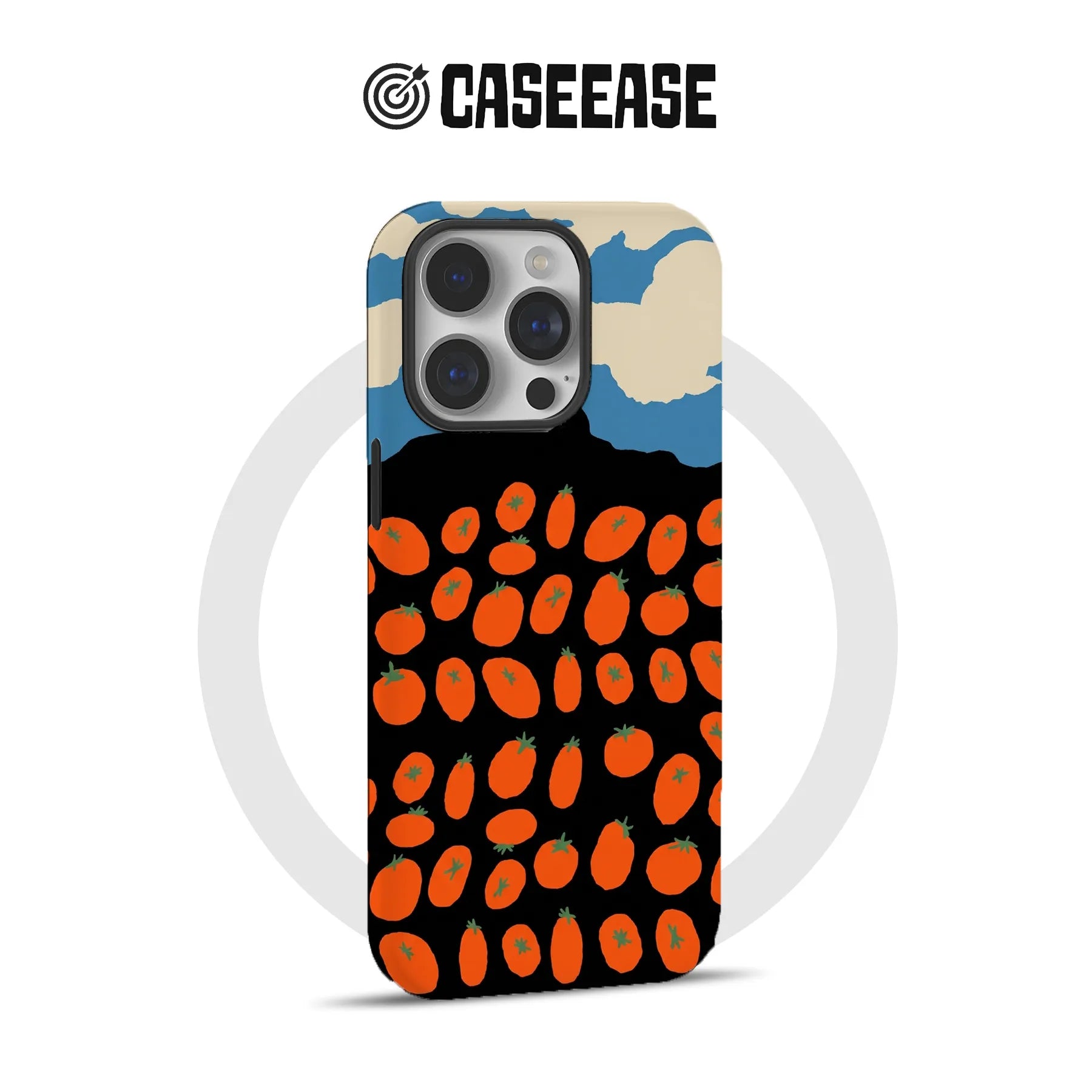Black phone case with orange tomato pattern and blue beige top, rear product view