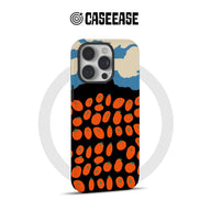 Black phone case with orange tomato pattern and blue beige top, rear product view