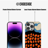 Beige blue black tomato-pattern phone case front and rear views with raised screen, camera frames