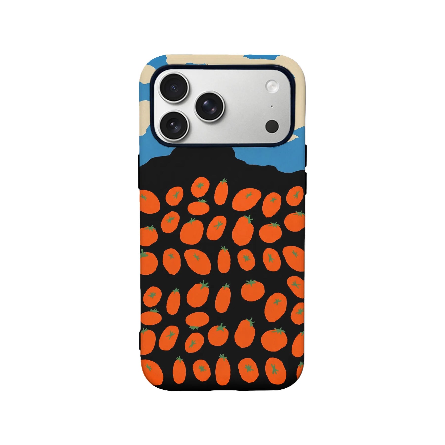 Rear-facing black phone case with orange fruit pattern and blue beige abstract top