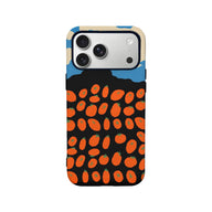 Rear-facing black phone case with orange fruit pattern and blue beige abstract top