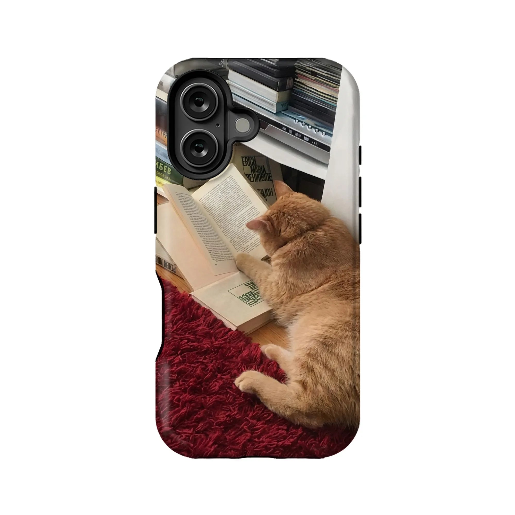 Front-facing phone case with ginger cat reading books and red rug design