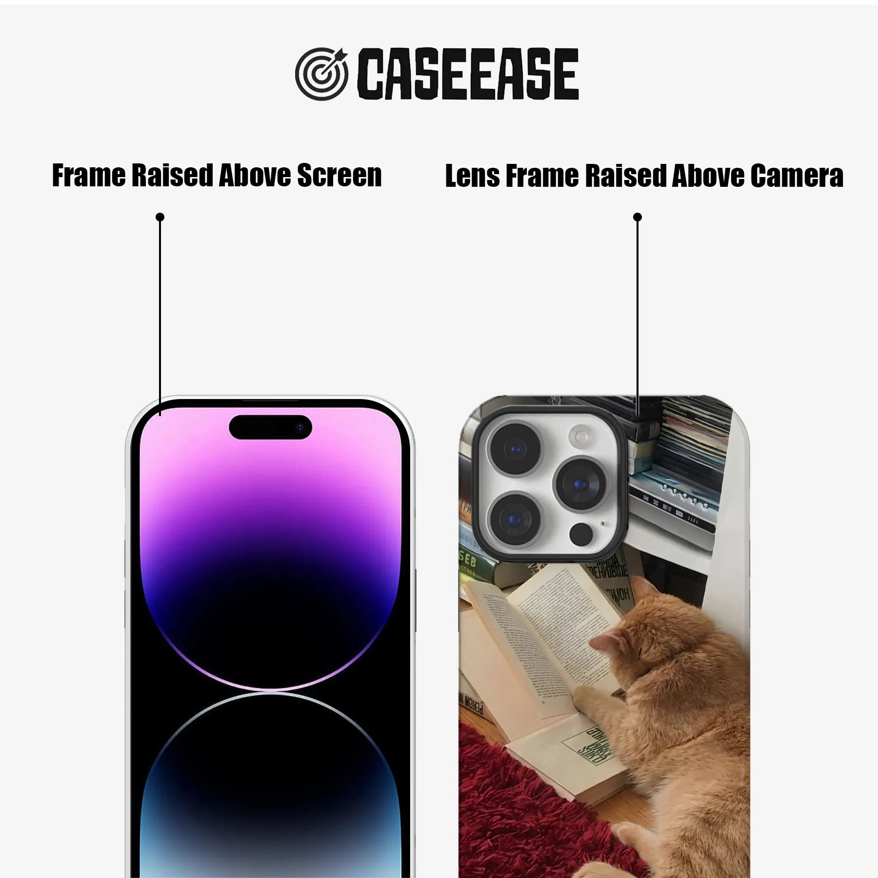 Black CASEEASE phone case front and rear close-up showing raised screen and camera frames