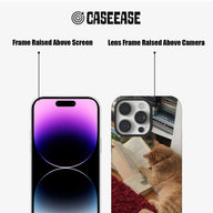 Black CASEEASE phone case front and rear close-up showing raised screen and camera frames