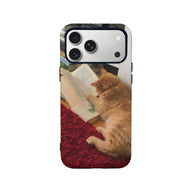 Cat reading book design phone case, multicolor back view with raised camera cover