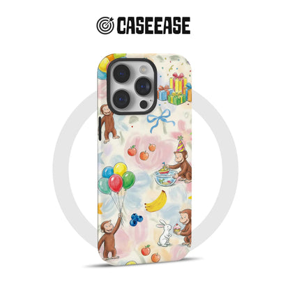 Pastel cartoon monkey phone case shown from rear with colorful balloons and gifts