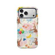 Pastel colorful illustrated monkey party phone case, rear angle with camera cutout