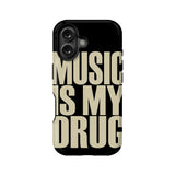 Black phone case with beige bold music slogan, rear view product detail