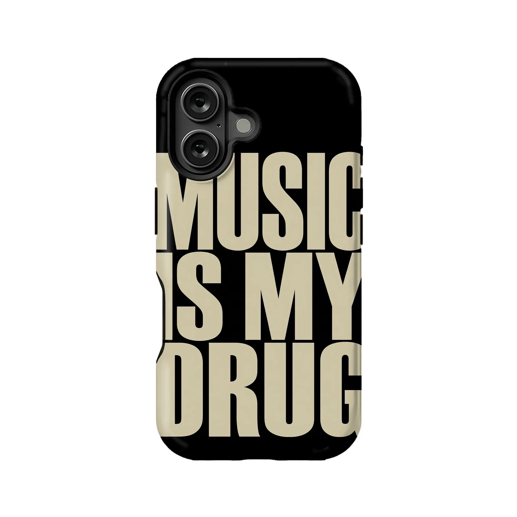 Black phone case with beige bold music slogan, rear view product detail