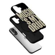 Black plastic phone case with beige music slogan, exploded angled product display