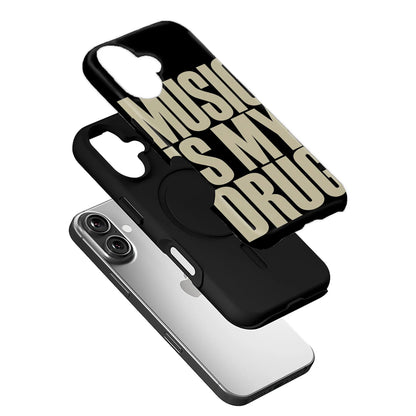 Black plastic phone case with beige music slogan, exploded angled product display