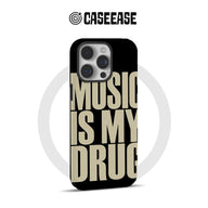 Black phone case with beige music quote design, rear angle for Shopify product page