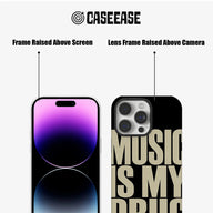 Black CASEEASE phone case front and rear close-up showing raised screen and camera frames
