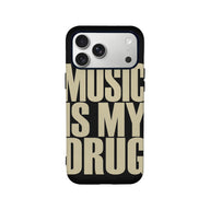 Black phone case with beige music typography, rear view on smartphone product page