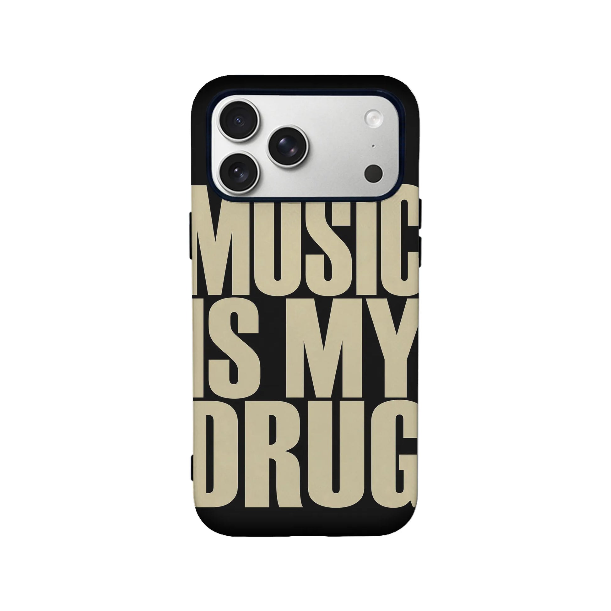 Black phone case with beige music typography, rear view on smartphone product page