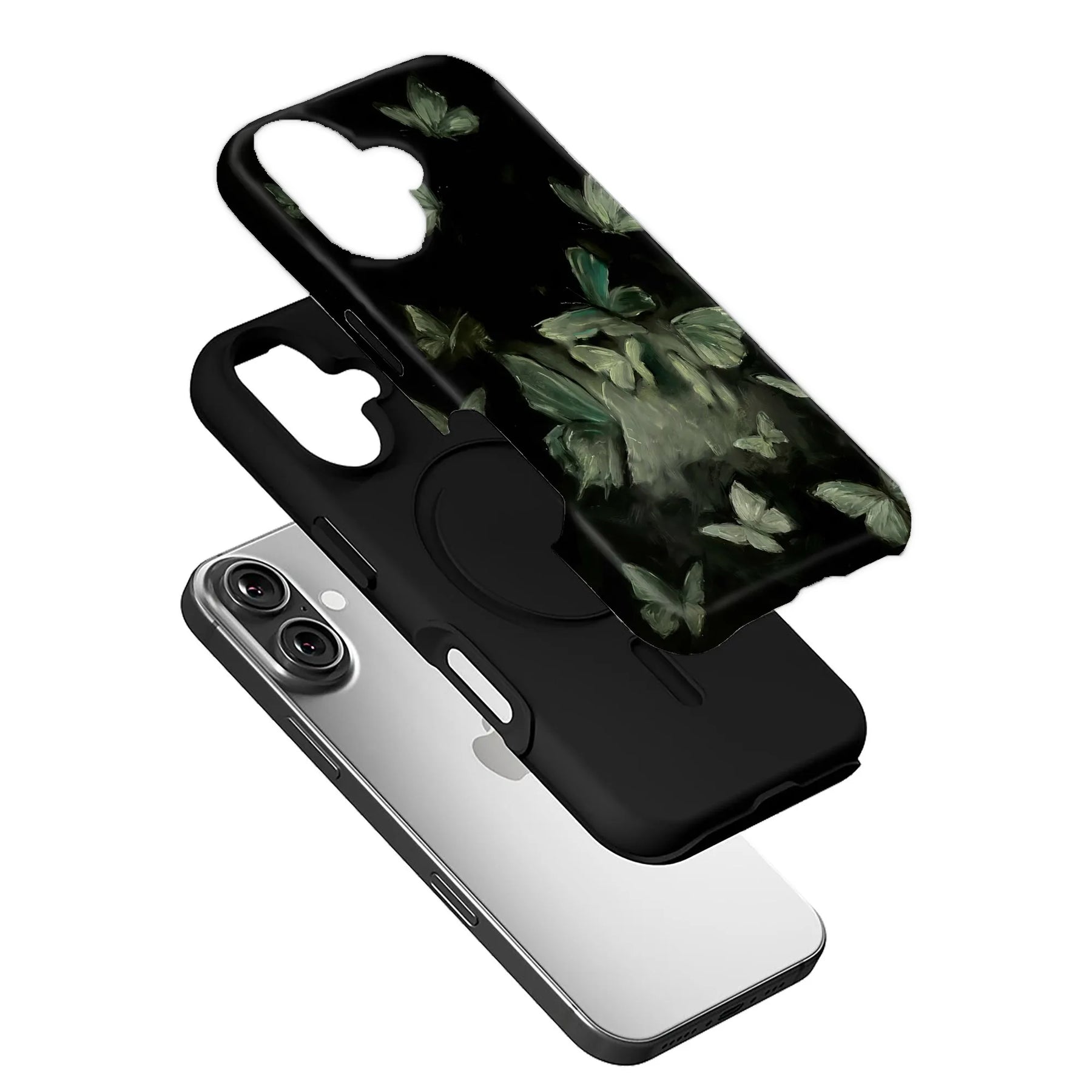 Black floral phone case with green leaf design, angled over smartphone