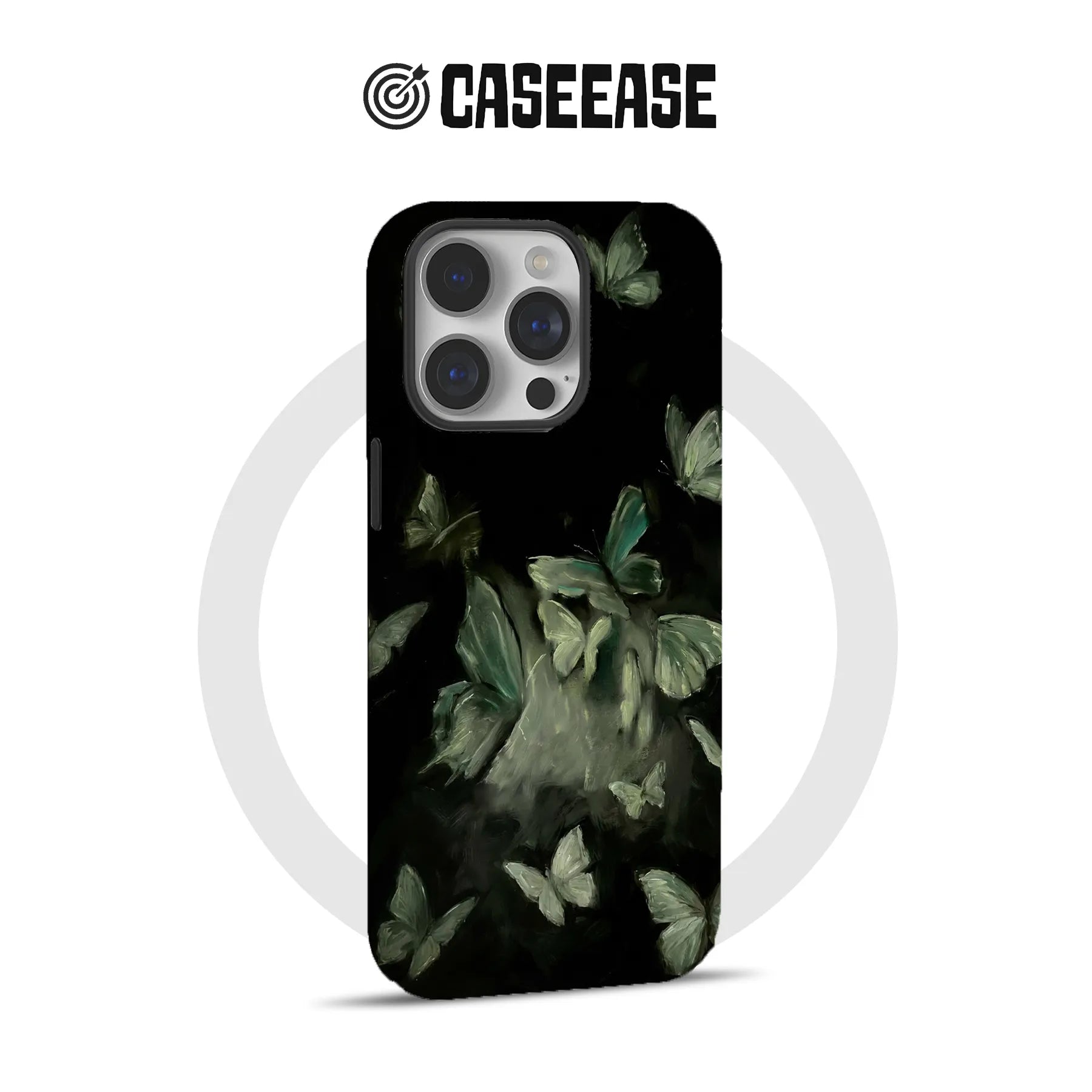 Black CASEEASE phone case with green butterfly illustration, rear product view