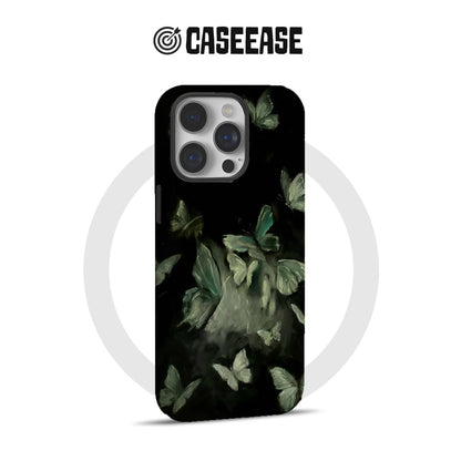 Black CASEEASE phone case with green butterfly illustration, rear product view