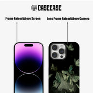 Black butterfly phone case front and back showing raised screen and camera frames