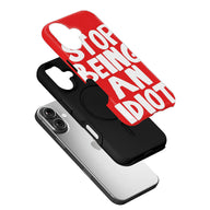 Red and black phone case with bold white lettering, angled exploded product view