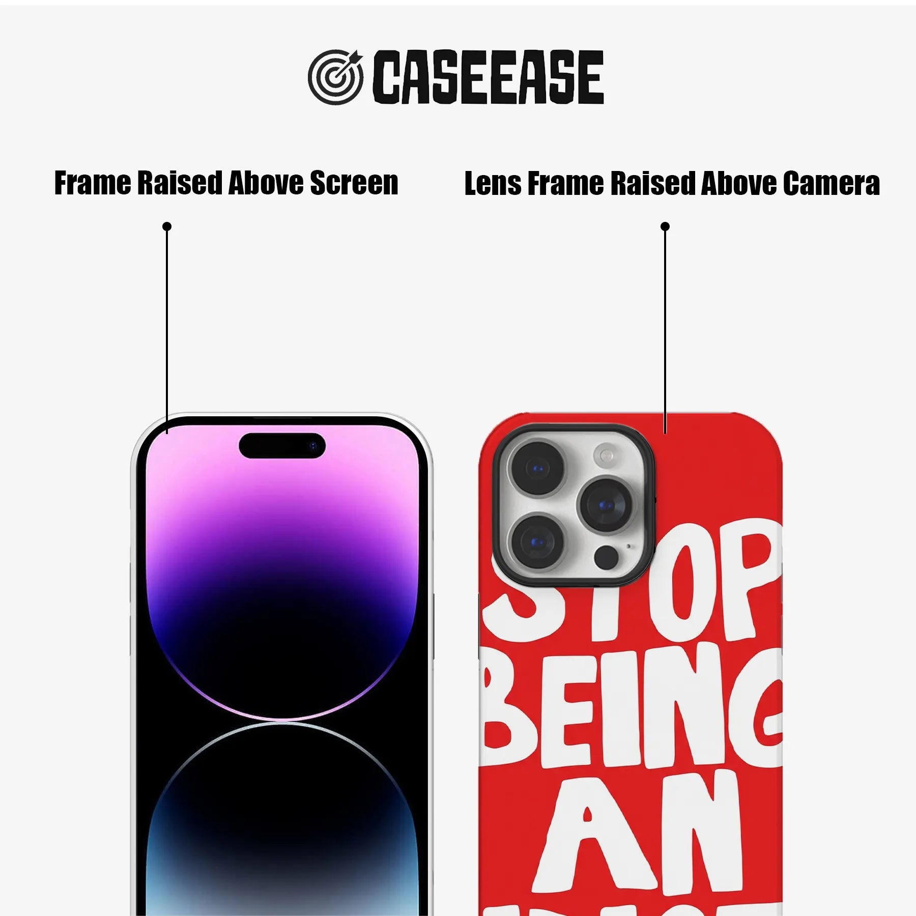 Red CASEEASE phone case shown front and back with raised screen and camera frames