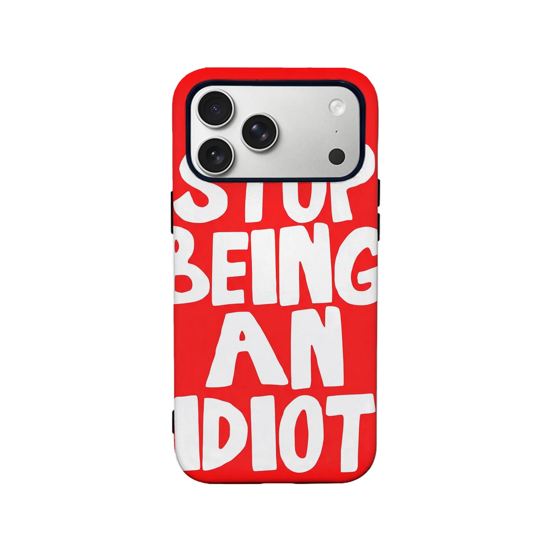 Red phone case with bold white lettering, rear view on smartphone product page