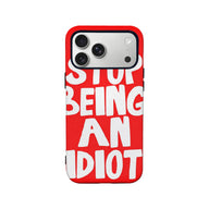 Red phone case with bold white lettering, rear view on smartphone product page