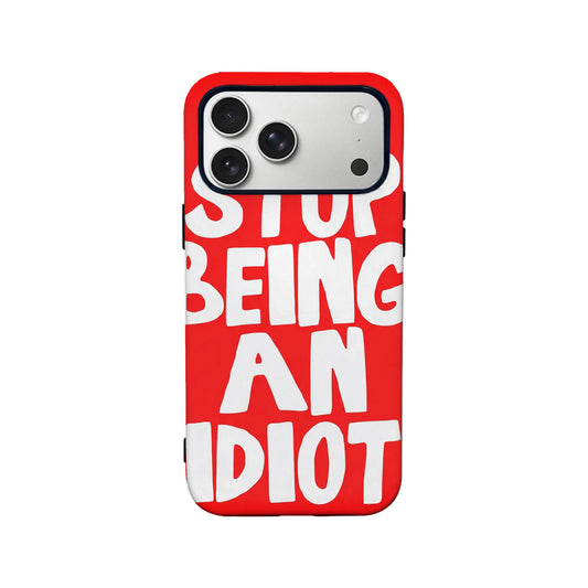 Red phone case with bold white lettering, rear view on smartphone product page