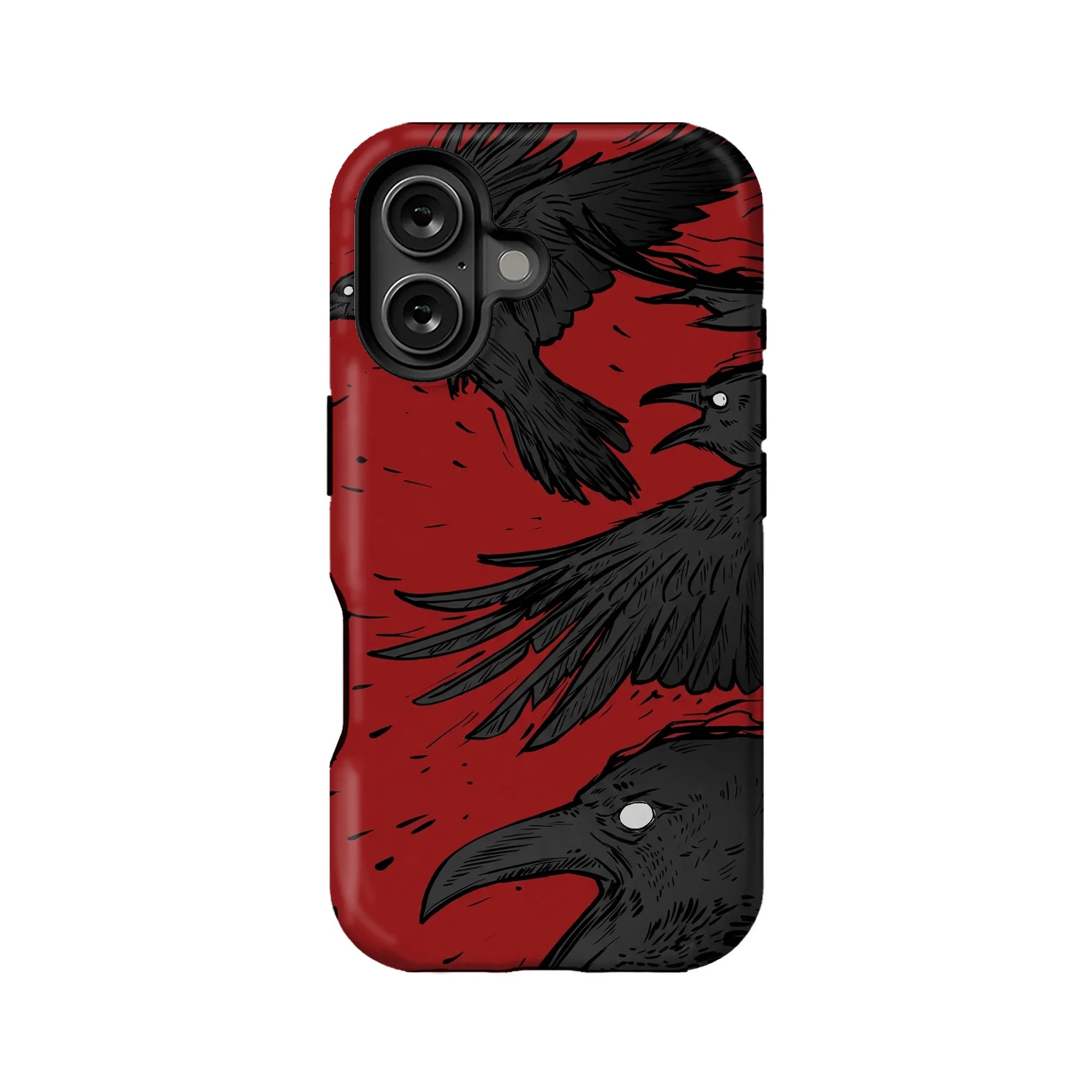 Red phone case with black raven illustration, rear angle product close-up