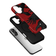 Red and black raven print phone case shown angled above silver smartphone
