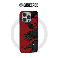 Red phone case with black raven illustration, rear angle for iPhone camera cutout