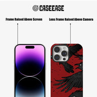 Red and black raven phone case front and rear views with raised camera frame