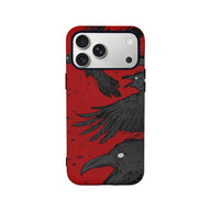 Red phone case with black raven illustration, rear angle for smartphone accessory