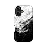 Black and white splatter pattern phone case, rear angle with dual camera cutout