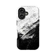 Black and white splatter pattern phone case, rear angle with dual camera cutout