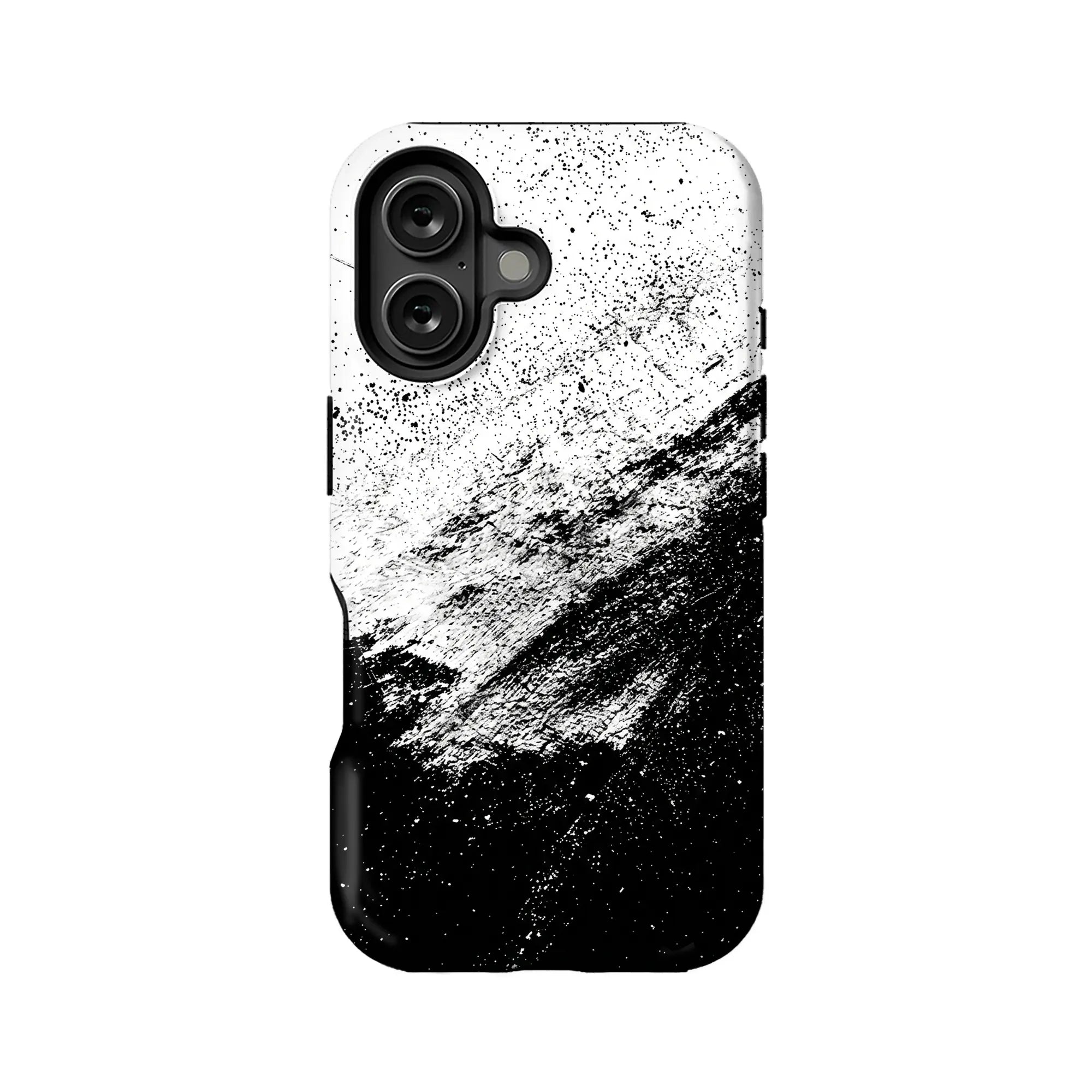 Black and white splatter pattern phone case, rear angle with dual camera cutout