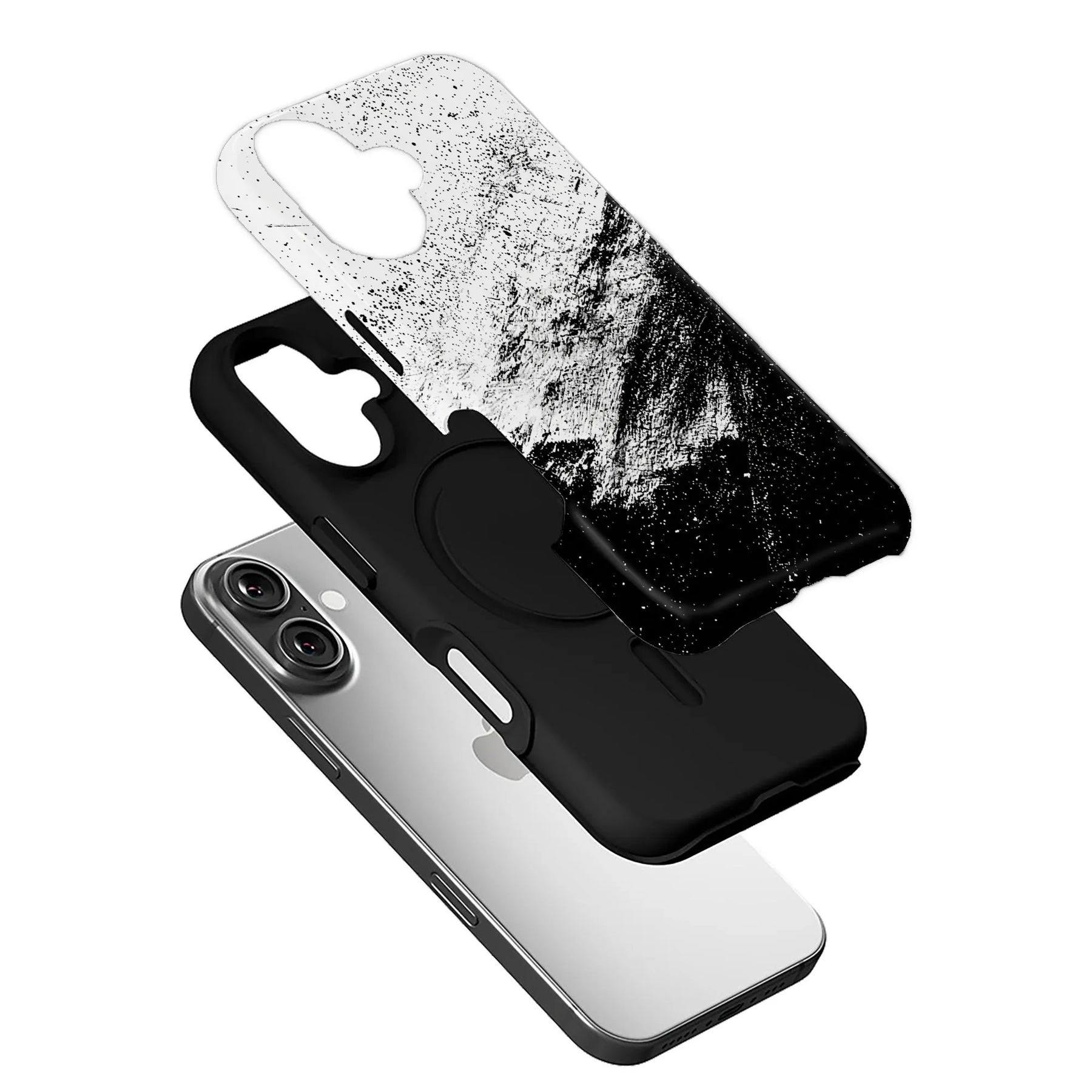Black and white speckled phone case layers shown angled above smartphone