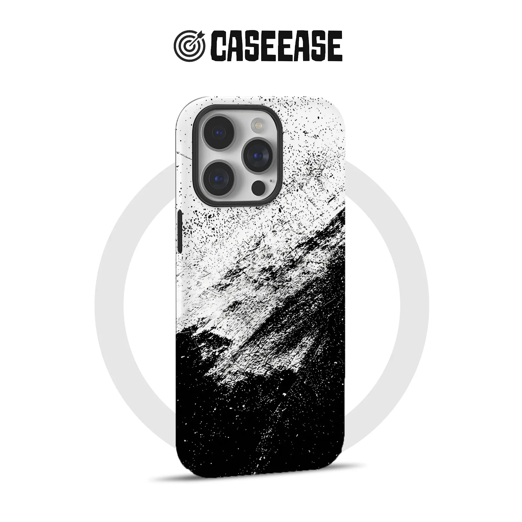 Black and white splatter iPhone camera case shown from rear for Shopify product page