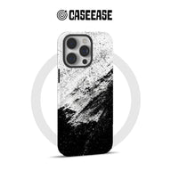 Black and white splatter iPhone camera case shown from rear for Shopify product page