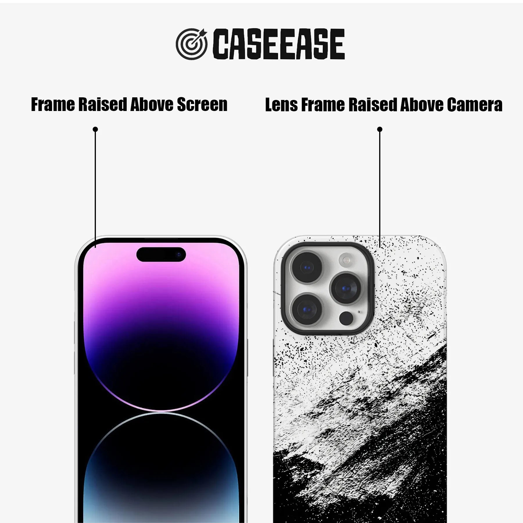 CASEEASE black and white splatter phone case front and rear raised frame detail