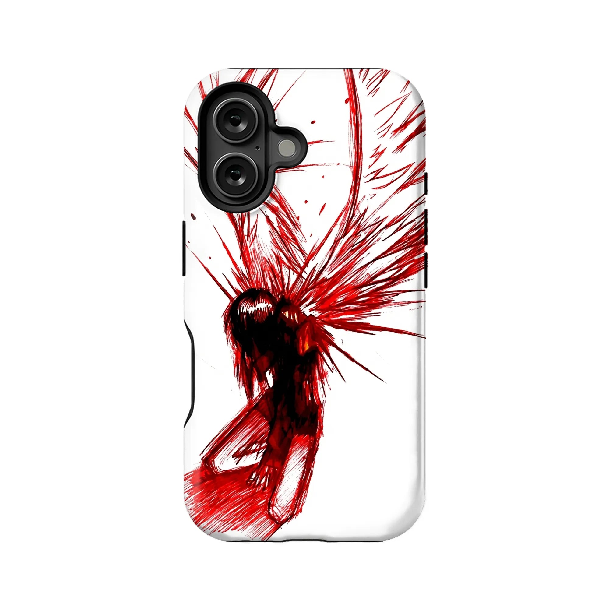White plastic phone case with red abstract sketch design, rear camera view