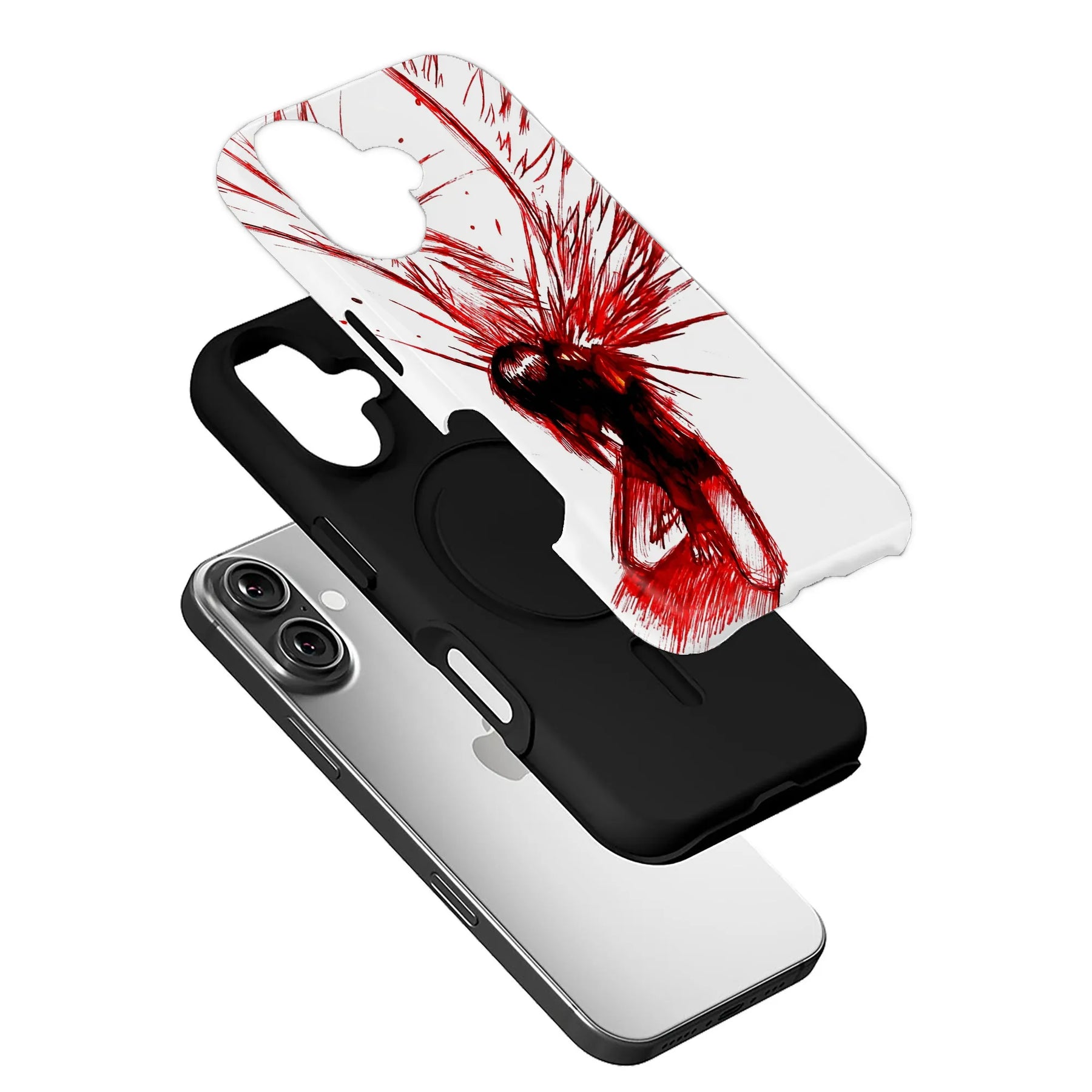 White and black phone case with red splatter artwork, angled exploded product display