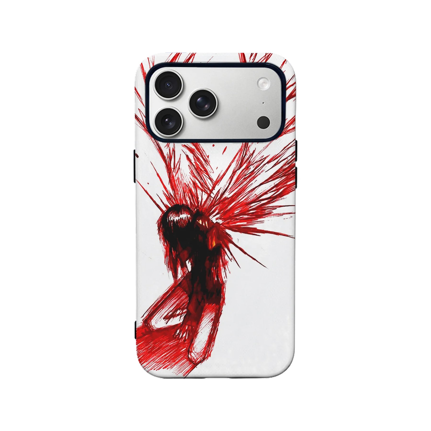 White phone case with red abstract figure design, rear angle showing camera cutout