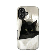 White phone case with black cat design, rear angle with dual camera cutout