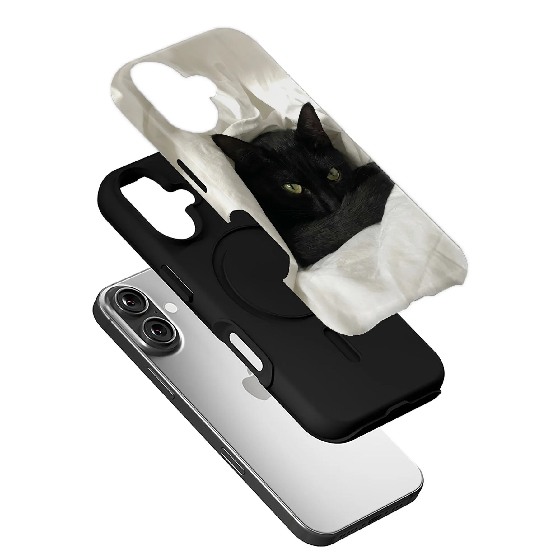 Black phone case with black cat in white plastic bag, angled on silver smartphone