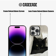 Clear CASEEASE phone case front and rear views with black raised screen and camera frames
