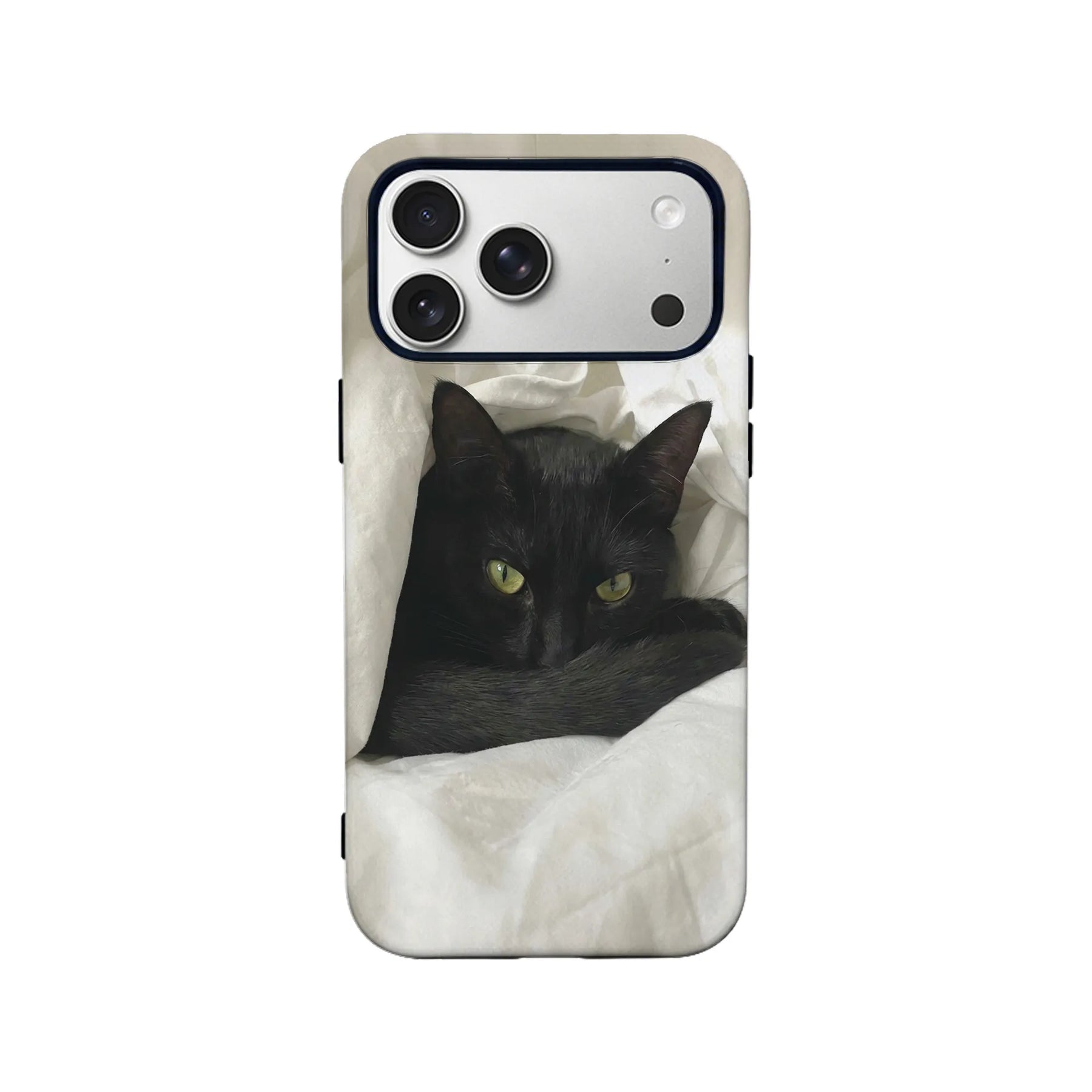Back view white phone case with black cat print and camera cutout