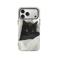Back view white phone case with black cat print and camera cutout