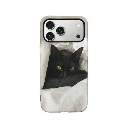 Back view white phone case with black cat print and camera cutout