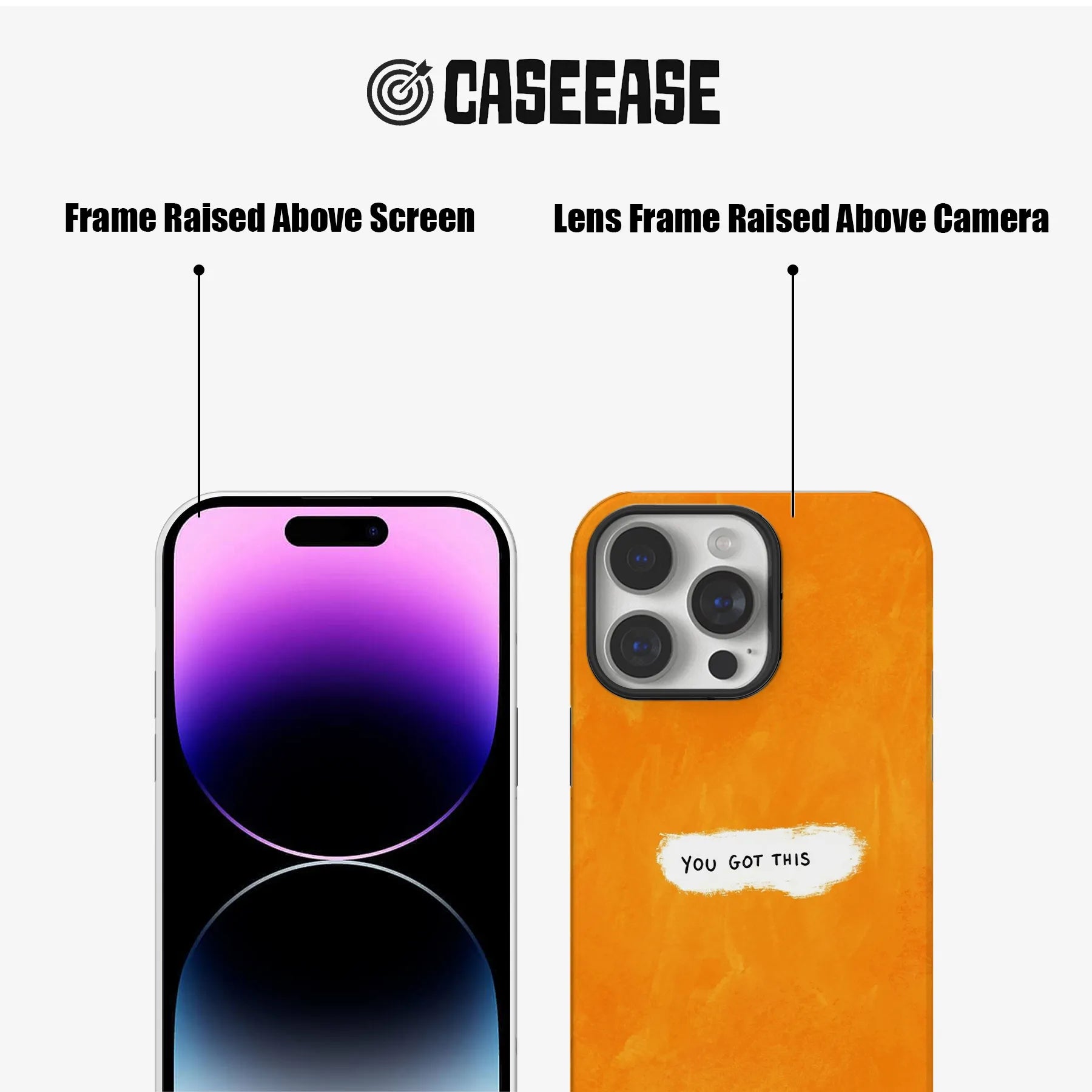 Orange CASEEASE phone case back and front close-up showing raised screen and camera frames